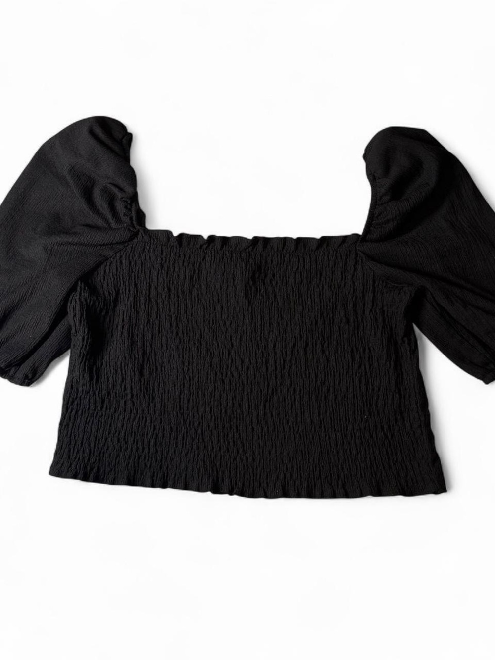 H&M Black Smocked Square-Neck Puff Sleeve Crop Top